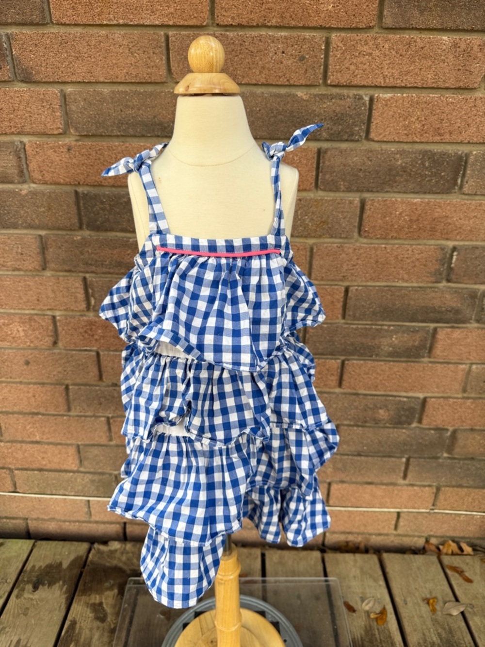 Crewcuts Blue Gingham Ruffle Romper with Pink Trim Size 4